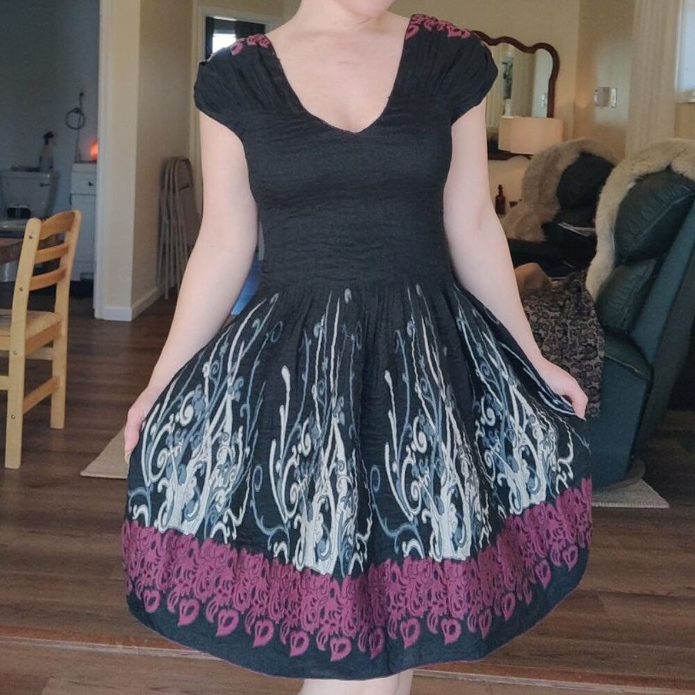 Black Embroidered Party Dress Capped Short Sleeve Balletcore (Orig. $118)